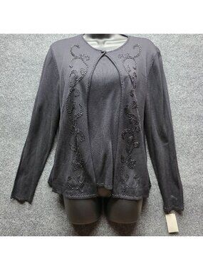Vintage 90s Koret Beaded Silk Cardigan M Black Festival Gala Glam Cottagecore